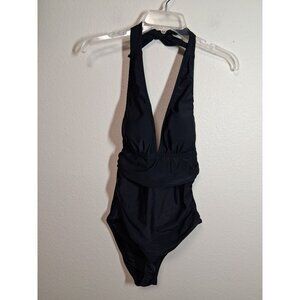 NWT Cupshe One Piece Swimsuit Halter Top Summer Beach Pool Vacation Black Medium